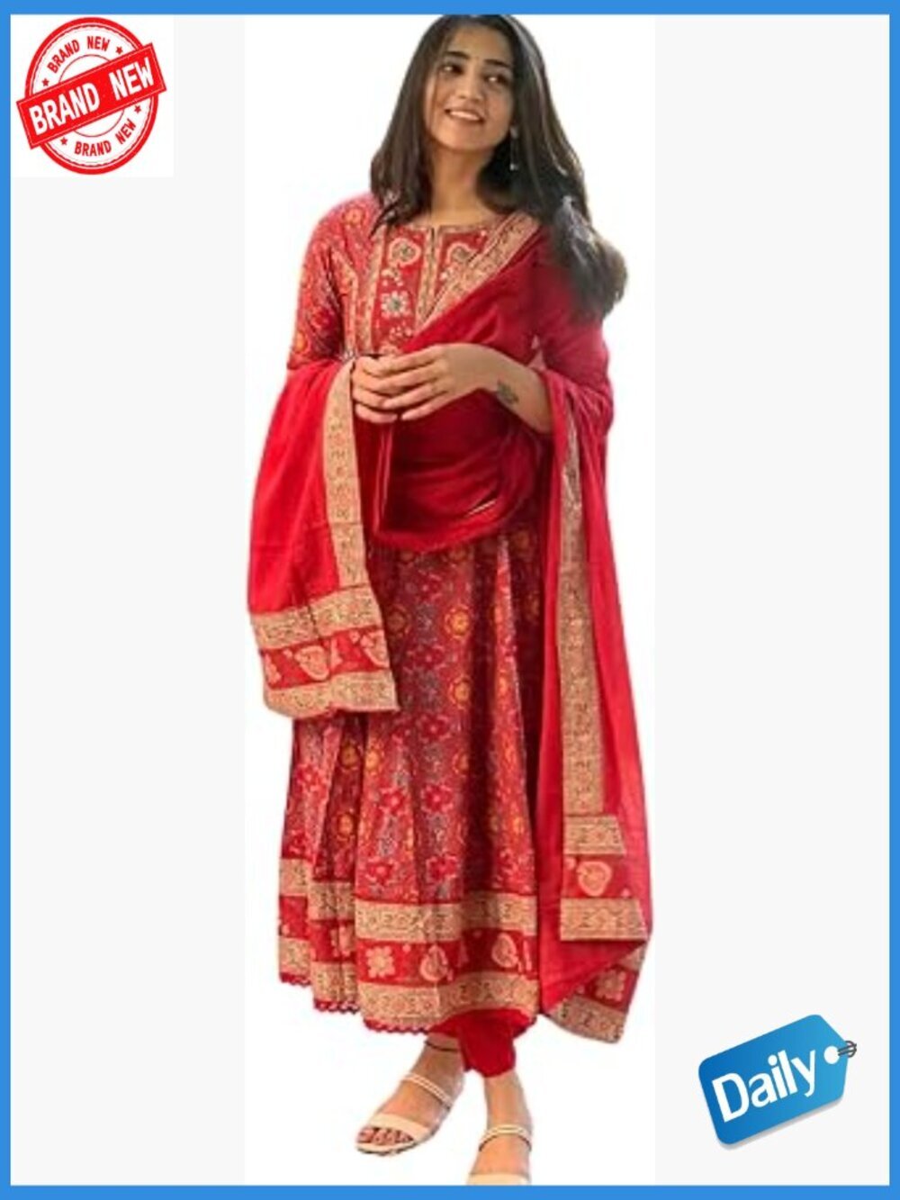 3-Piece Cotton Anarkali Kurta Set with Dupatta & Pants - Floral Printed Tunic
